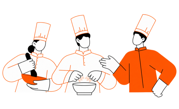 Three illustrated chefs preparing food together, wearing white and orange uniforms